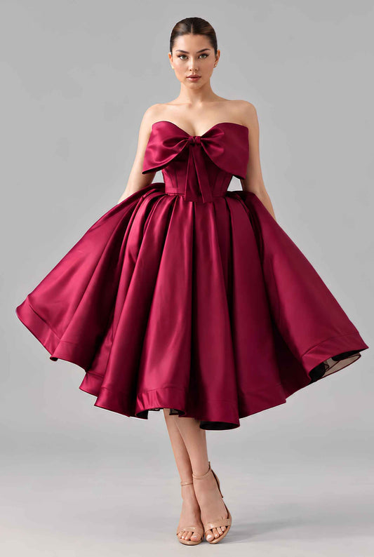 Virtual model wearing The Scarlett Bow Satin Dress Strapless Statement-Bow Satin Gown in Wine
