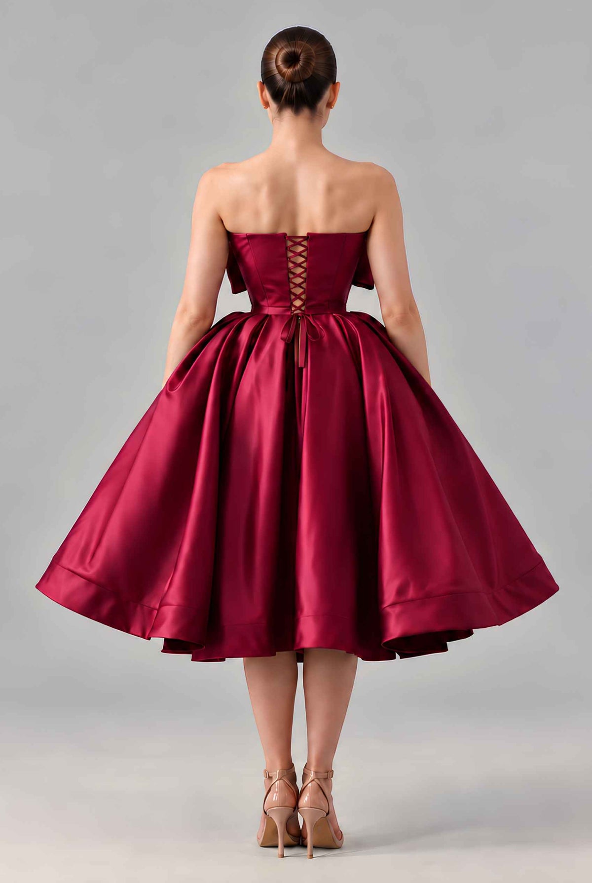 Virtual model wearing The Scarlett Bow Satin Dress Strapless Statement-Bow Satin Gown in Wine