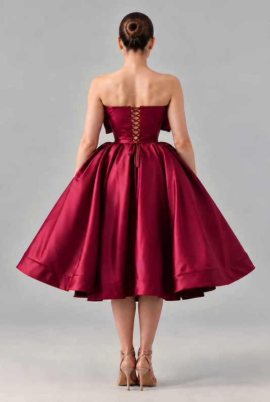 Virtual model wearing The Scarlett Bow Satin Dress Strapless Statement-Bow Satin Gown in Wine