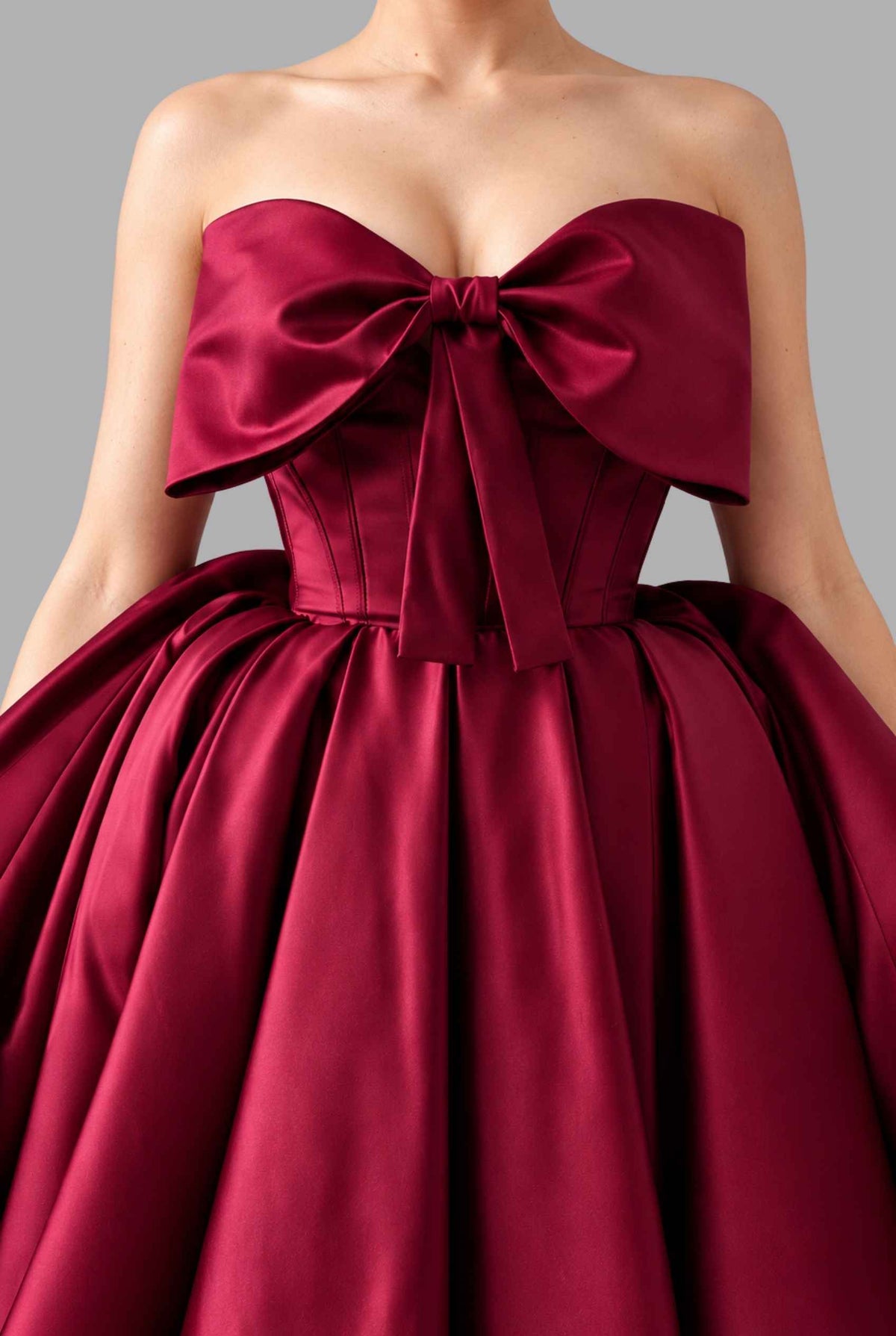 Virtual model wearing The Scarlett Bow Satin Dress Strapless Statement-Bow Satin Gown in Wine