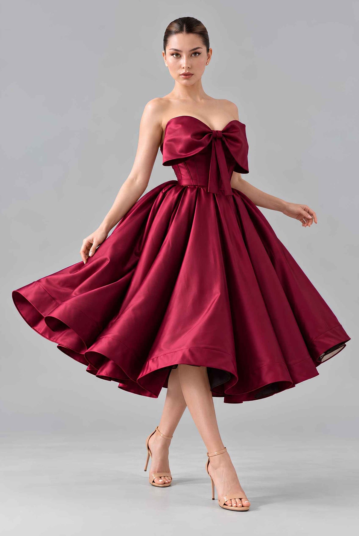 Virtual model wearing The Scarlett Bow Satin Dress Strapless Statement-Bow Satin Gown in Wine