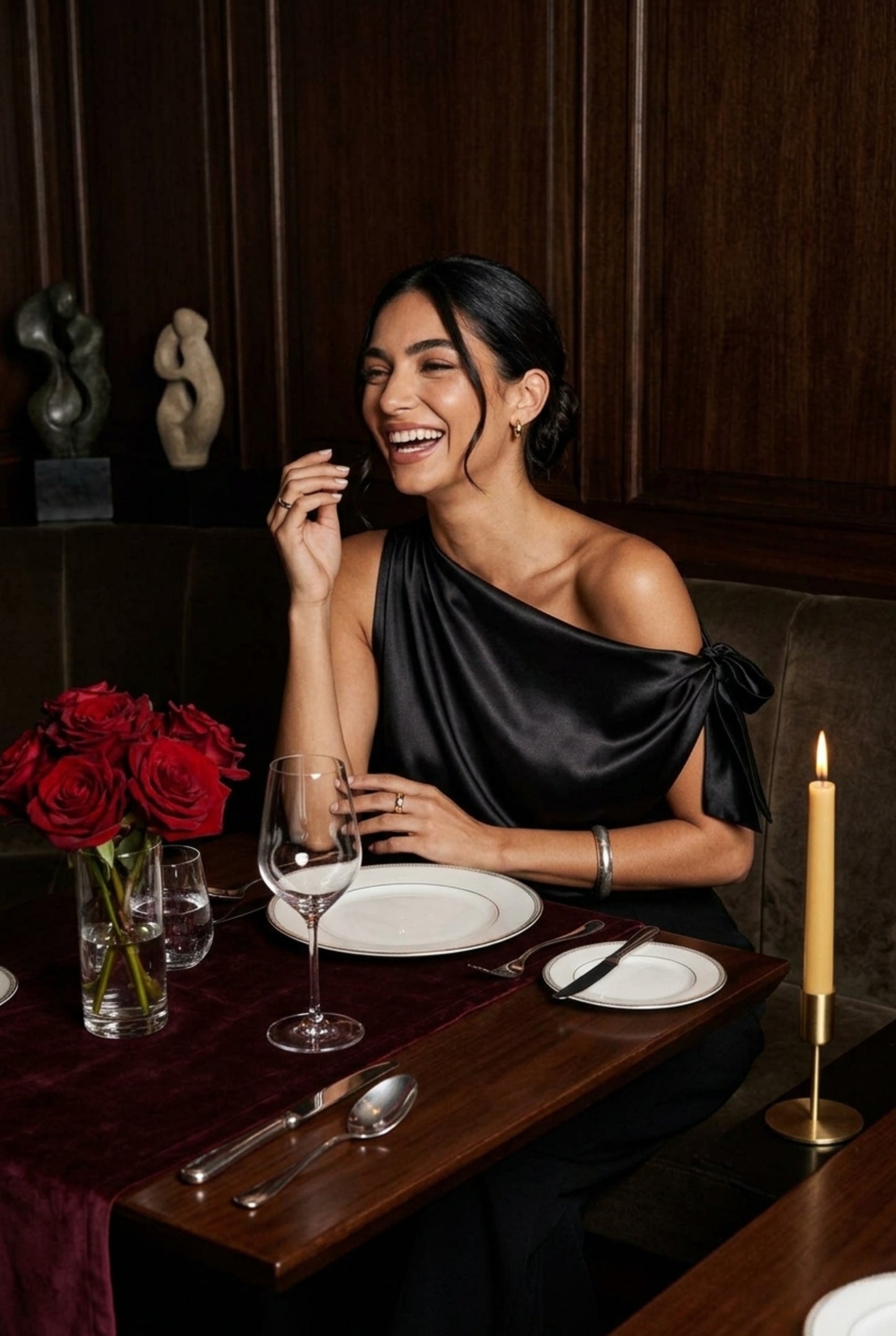 Virtual Model wearing The Seraphina Satin Blouse One-Shoulder Black Cowl Blouse