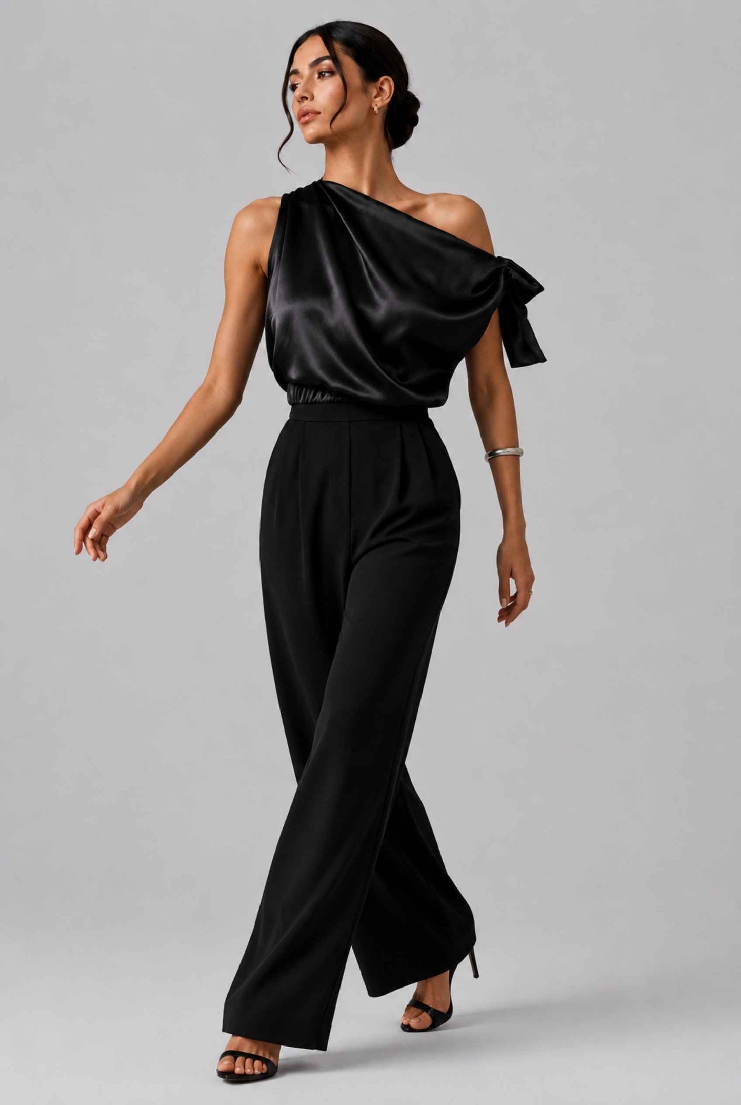 Virtual Model wearing The Seraphina Satin Blouse One-Shoulder Black Cowl Blouse