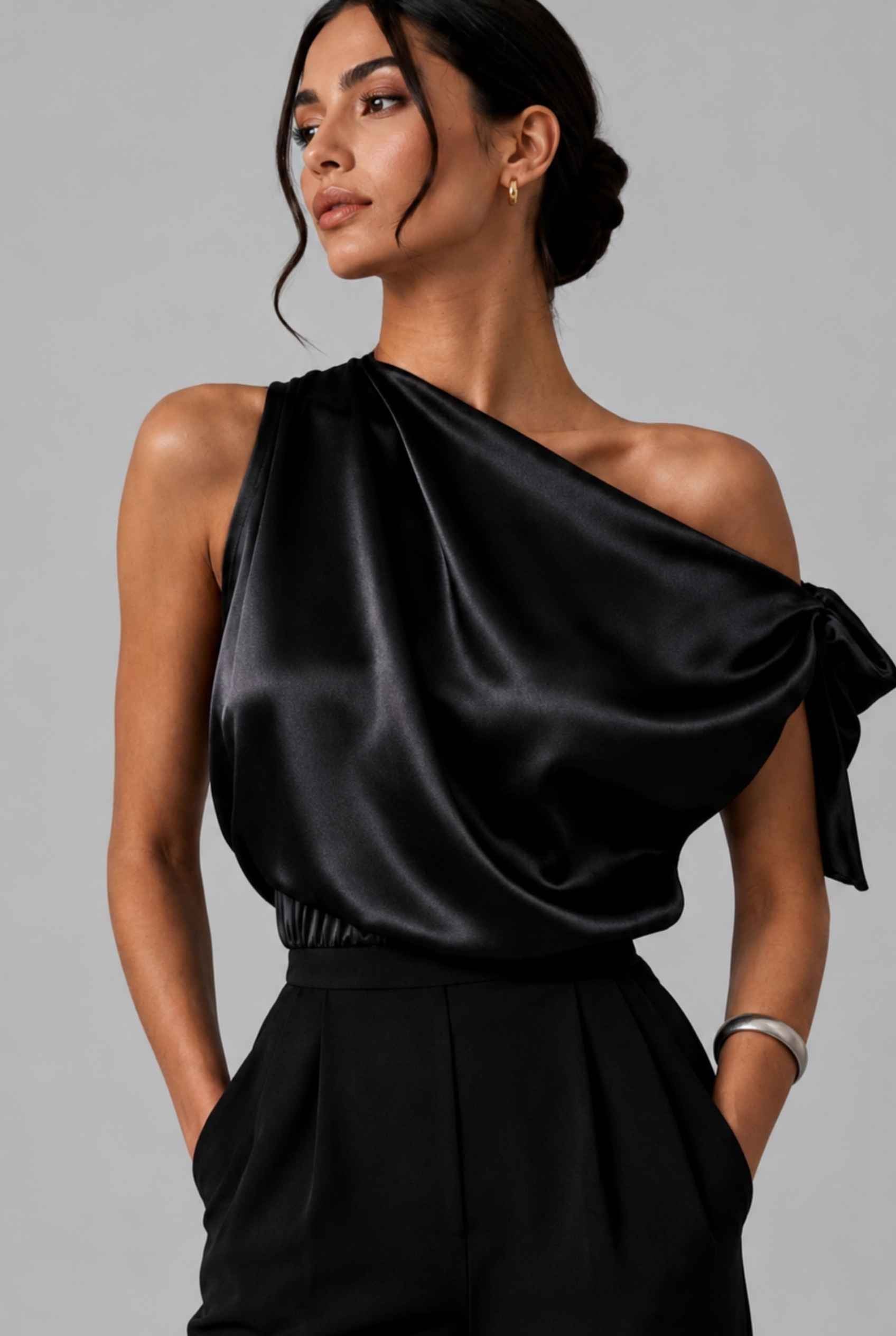 Virtual Model wearing The Seraphina Satin Blouse One-Shoulder Black Cowl Blouse