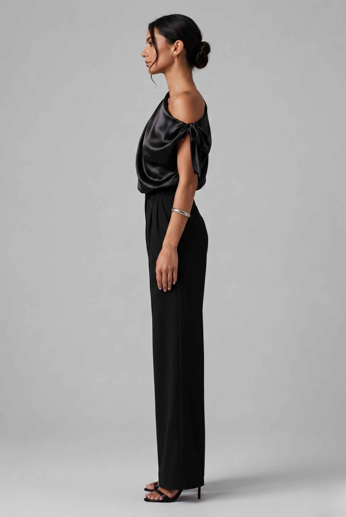 Virtual Model wearing The Seraphina Satin Blouse One-Shoulder Black Cowl Blouse