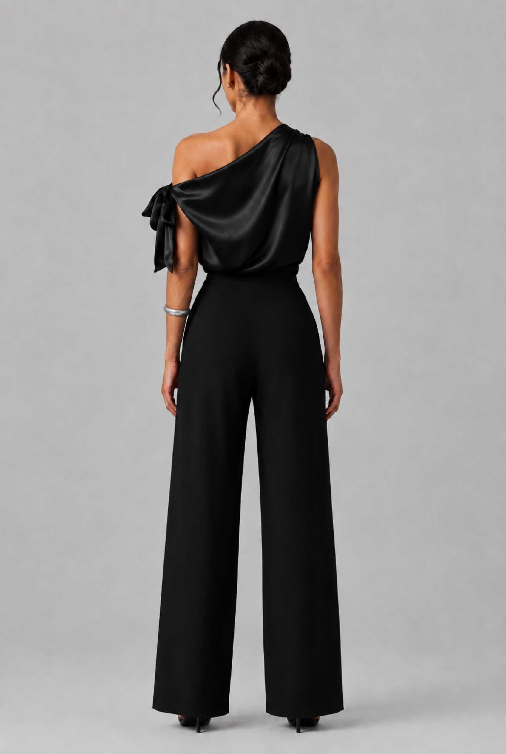 Virtual Model wearing The Seraphina Satin Blouse One-Shoulder Black Cowl Blouse