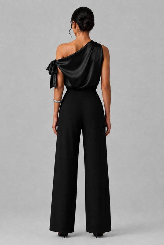 Virtual Model wearing The Seraphina Satin Blouse One-Shoulder Black Cowl Blouse