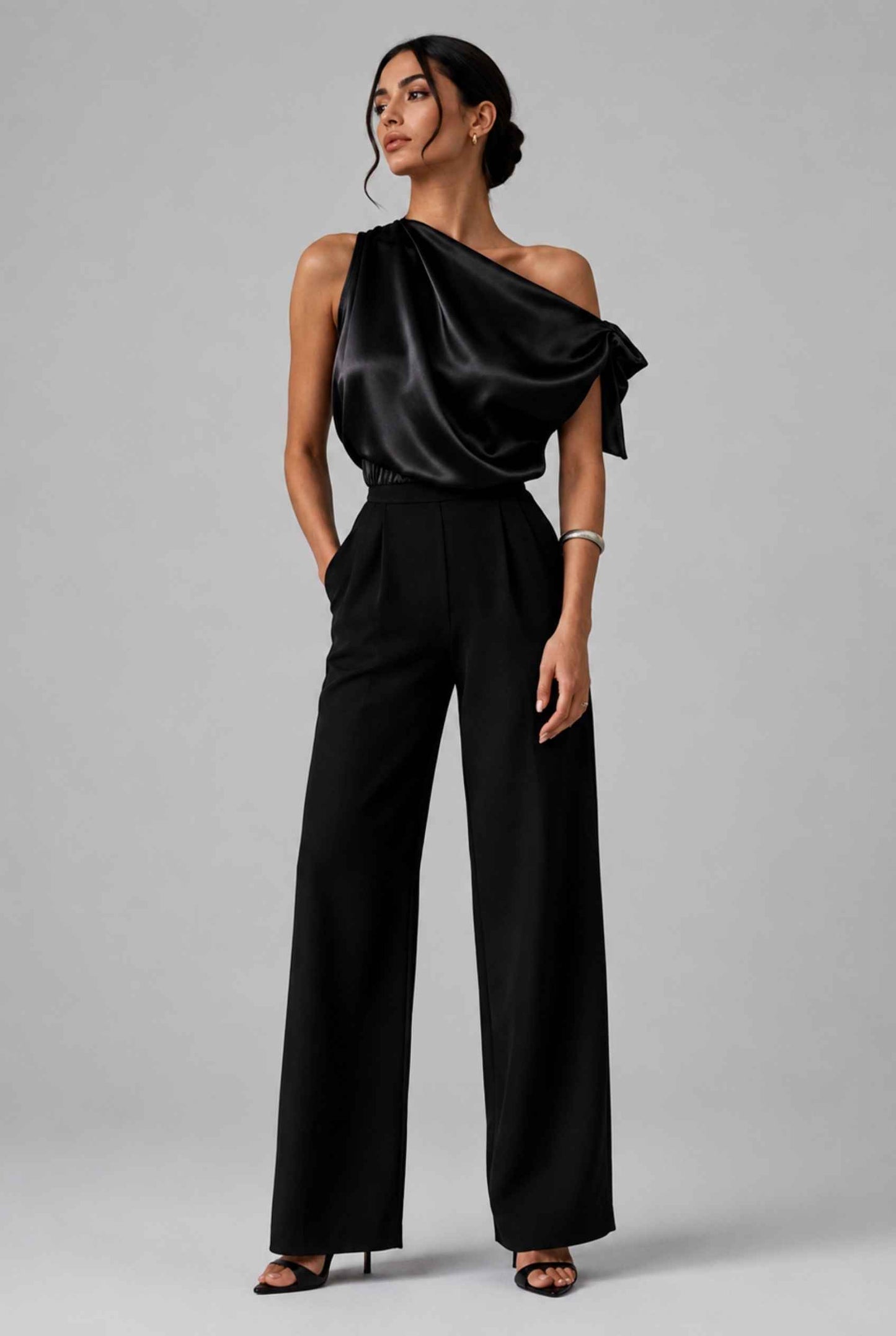 Virtual Model wearing The Seraphina Satin Blouse One-Shoulder Black Cowl Blouse