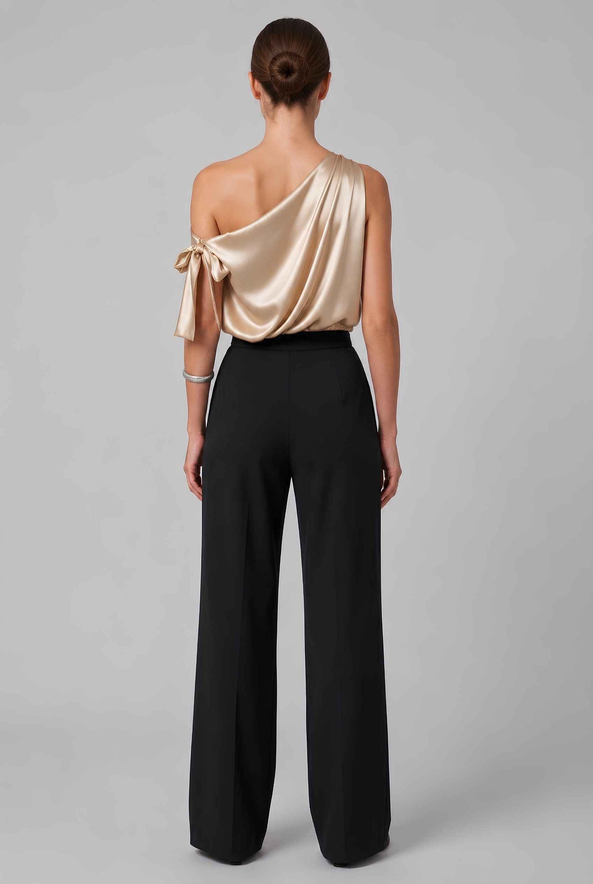 Virtual model wearing The Seraphina Satin Blouse One-Shoulder Cowl Blouse in Gold
