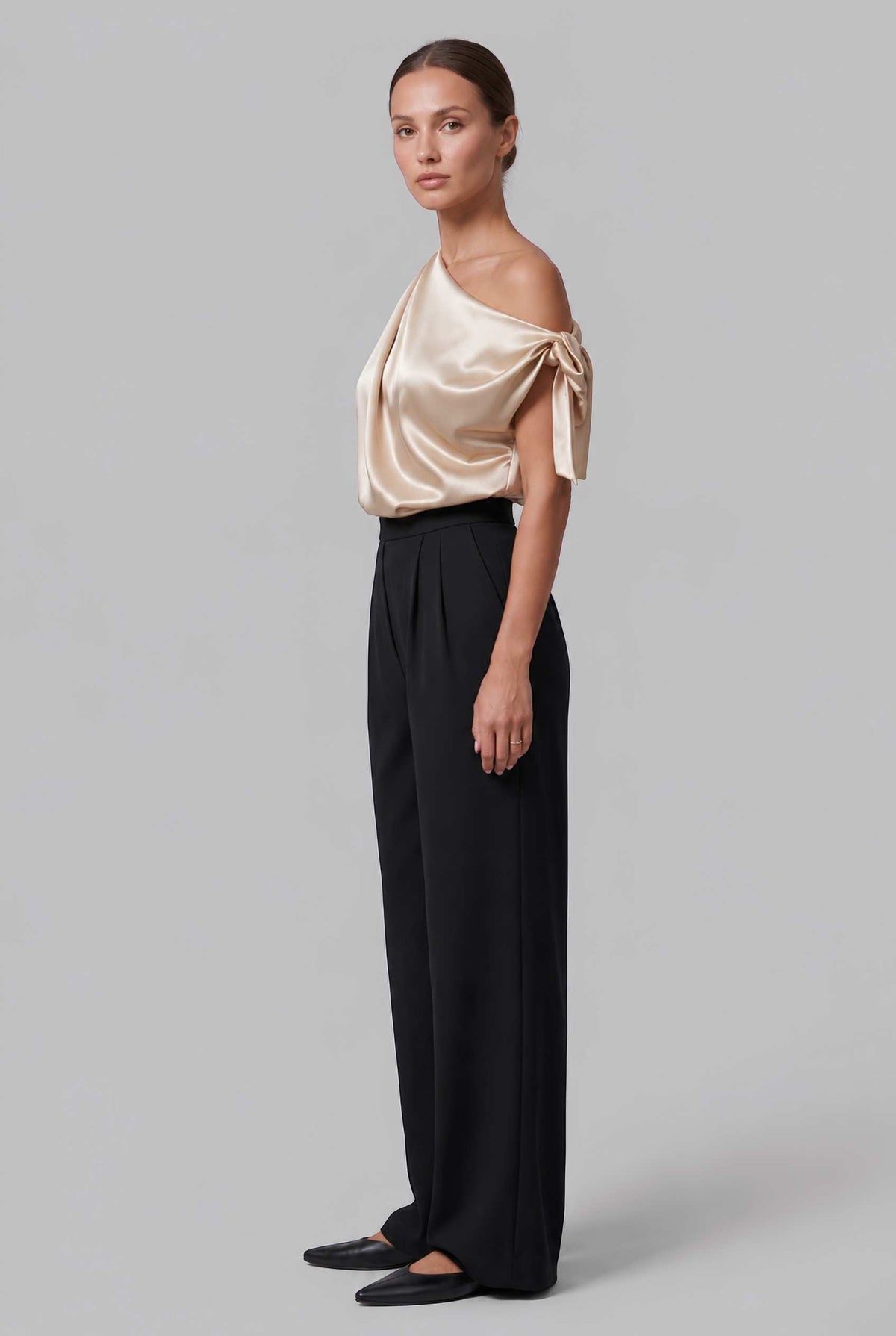 Virtual model wearing The Seraphina Satin Blouse One-Shoulder Cowl Blouse in Gold
