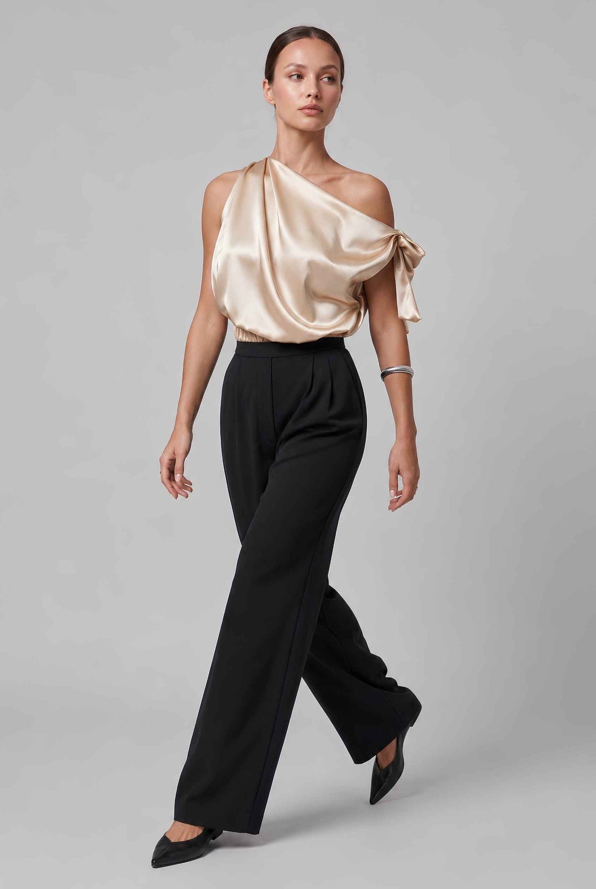 Virtual model wearing The Seraphina Satin Blouse One-Shoulder Cowl Blouse in Gold