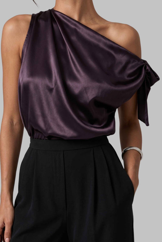 Virtual model wearing The Seraphina Satin Blouse One-Shoulder Cowl Blouse in Purple