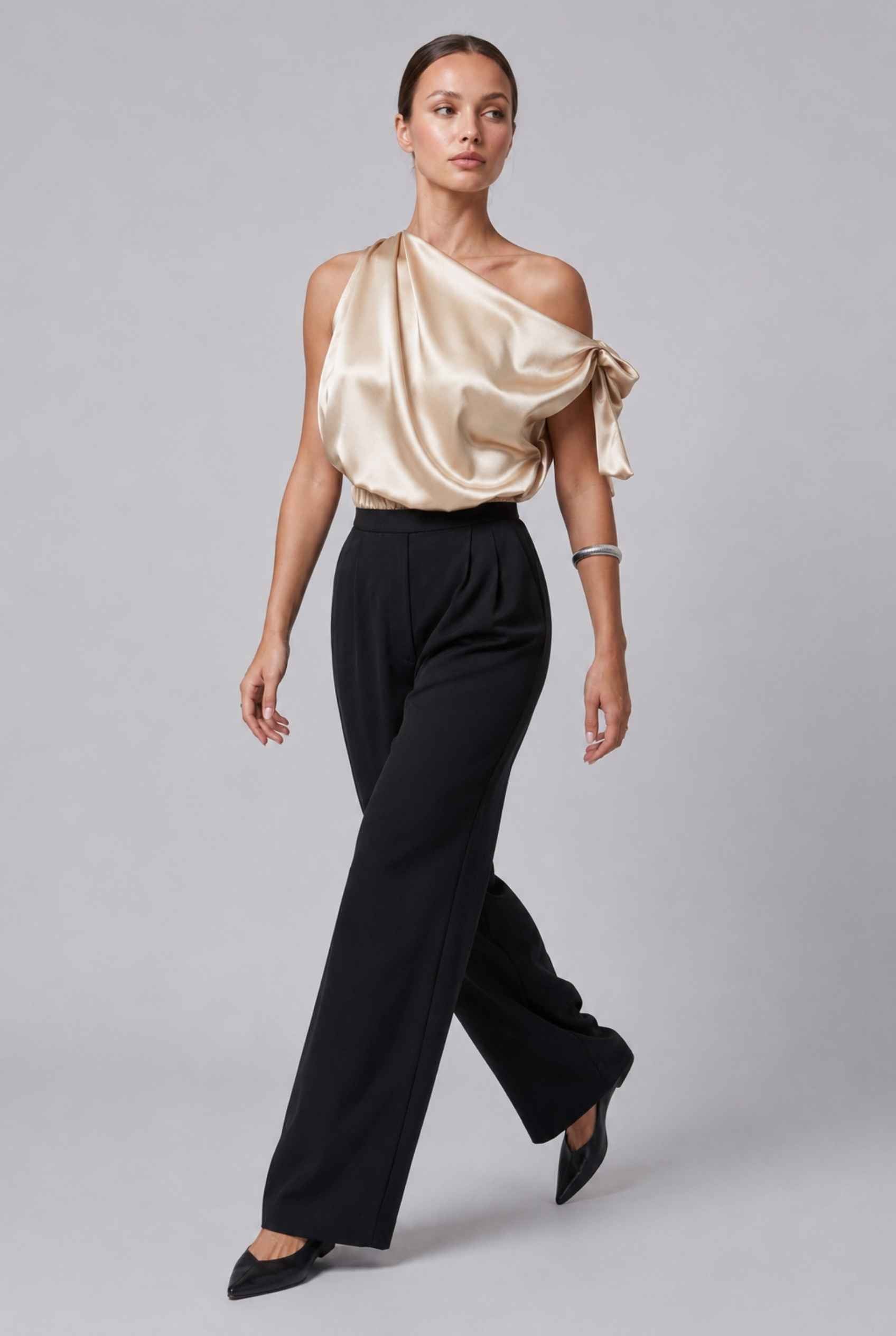 Virtual Model wearing The Seraphina Satin Blouse One-Shoulder Gold Cowl Blouse