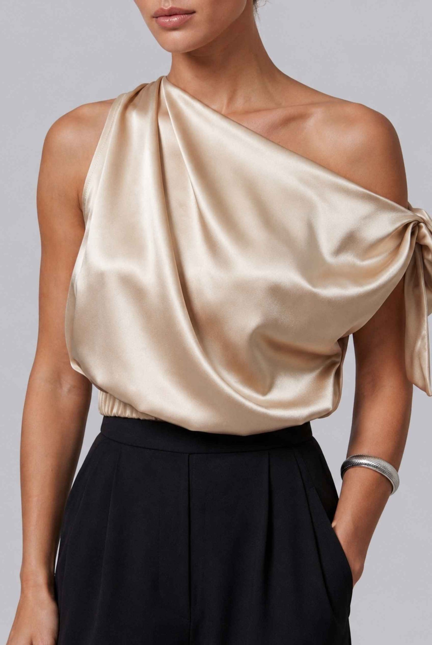 Virtual Model wearing The Seraphina Satin Blouse One-Shoulder Gold Cowl Blouse
