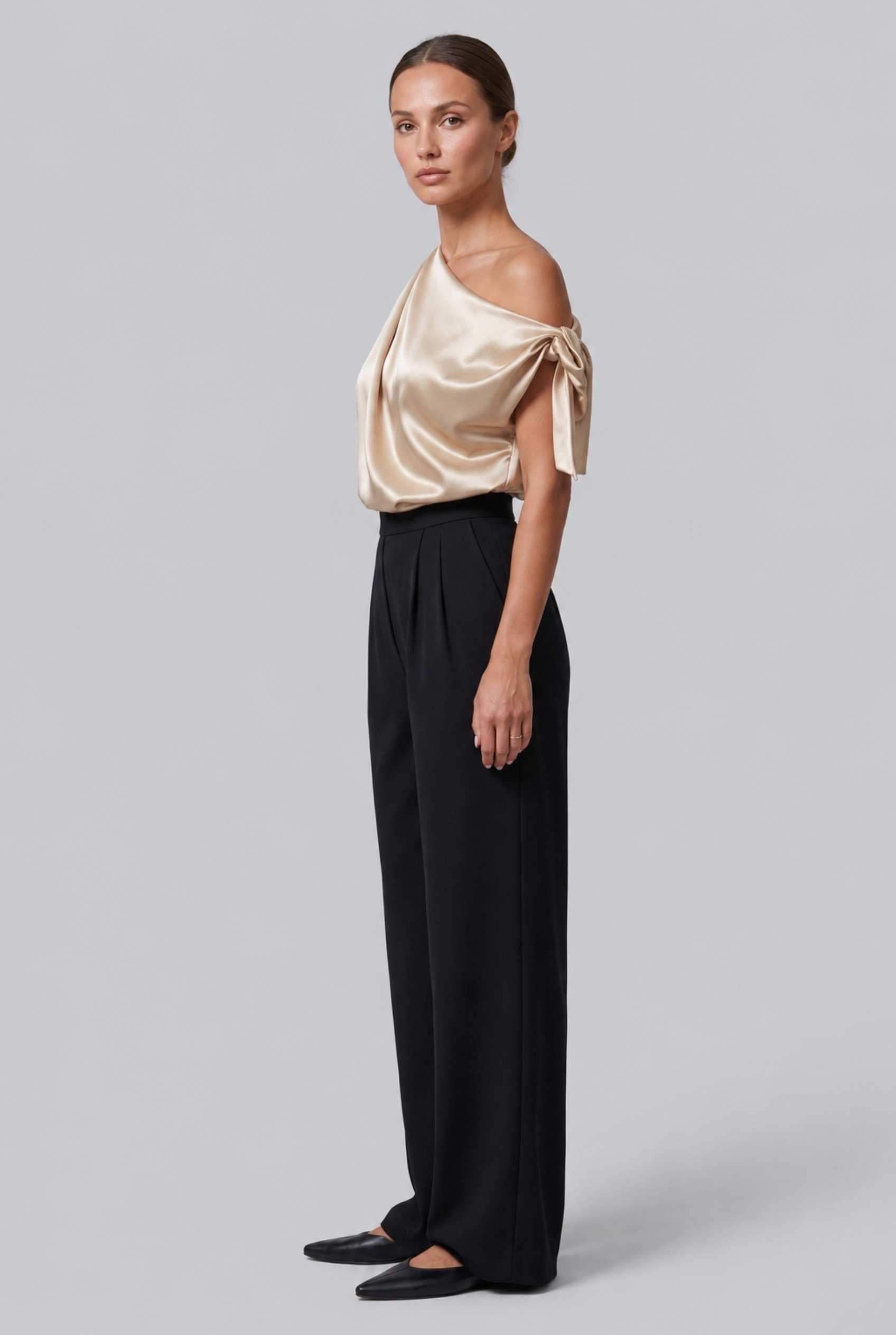 Virtual Model wearing The Seraphina Satin Blouse One-Shoulder Gold Cowl Blouse