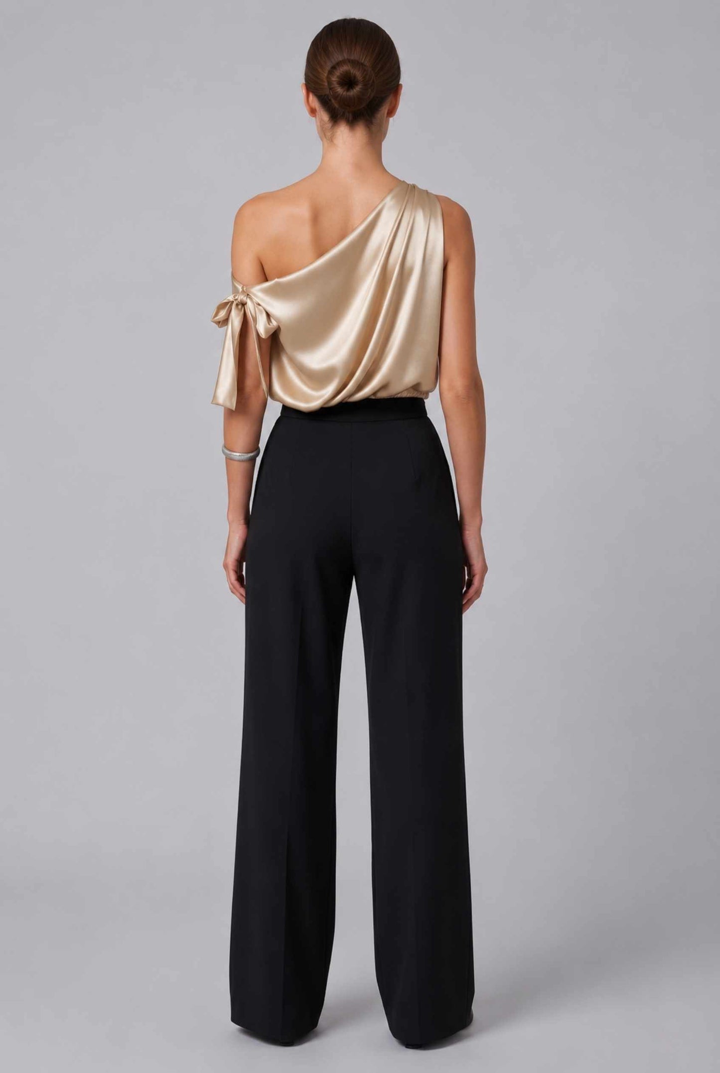 Virtual Model wearing The Seraphina Satin Blouse One-Shoulder Gold Cowl Blouse