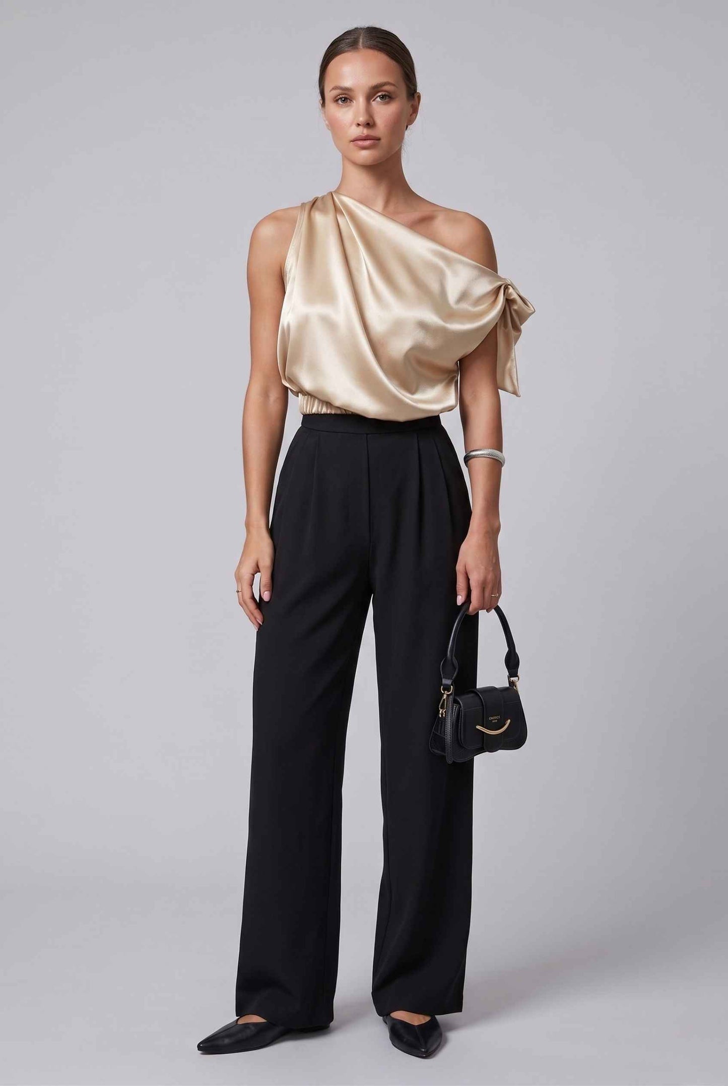 Virtual Model wearing The Seraphina Satin Blouse One-Shoulder Gold Cowl Blouse