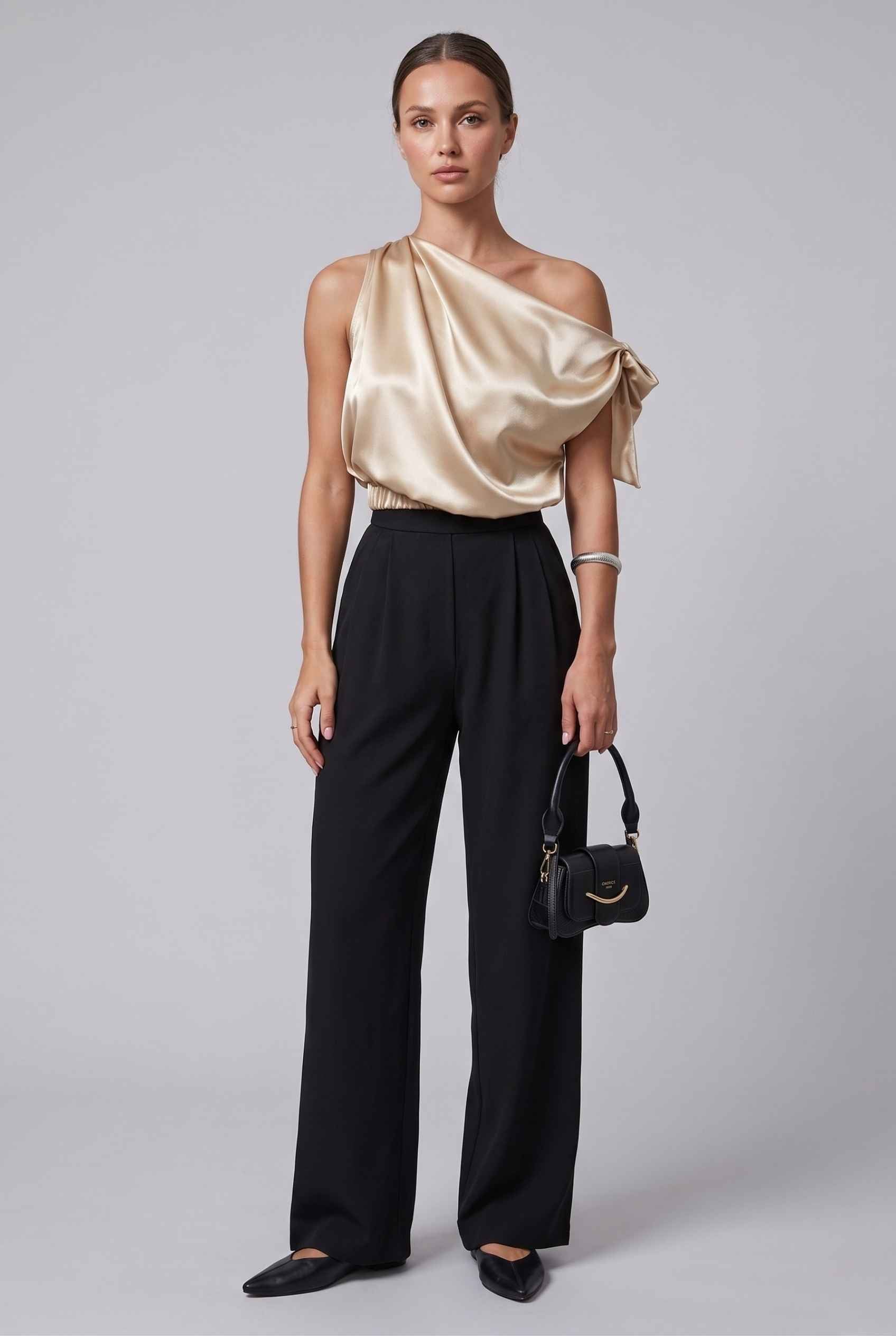 Virtual Model wearing The Seraphina Satin Blouse One-Shoulder Gold Cowl Blouse