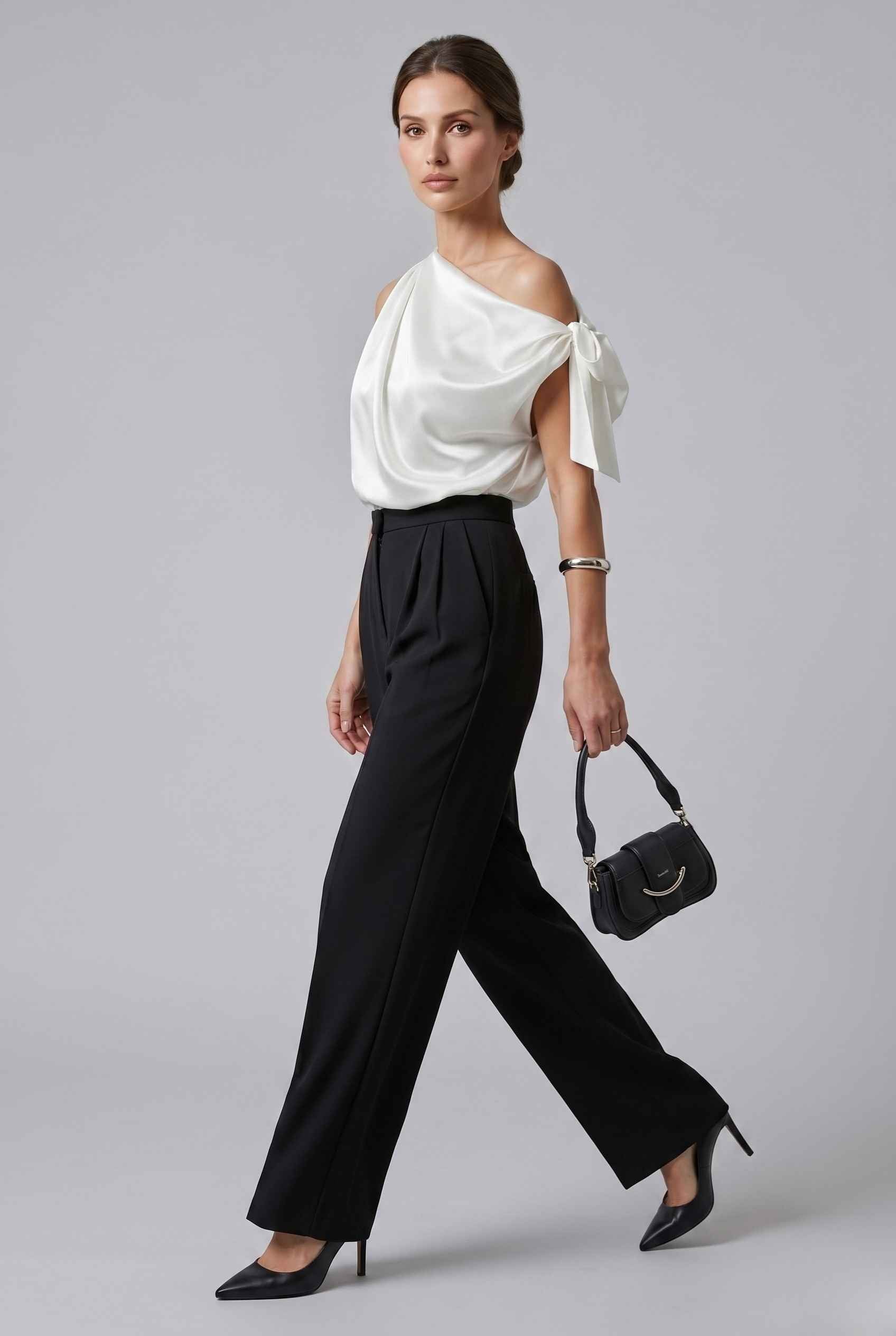 Virtual Model wearing The Seraphina Satin Blouse One-Shoulder Ivory Cowl Blouse