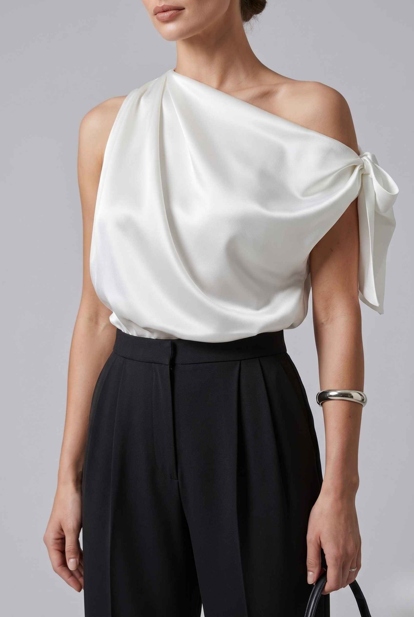 Virtual Model wearing The Seraphina Satin Blouse One-Shoulder Ivory Cowl Blouse