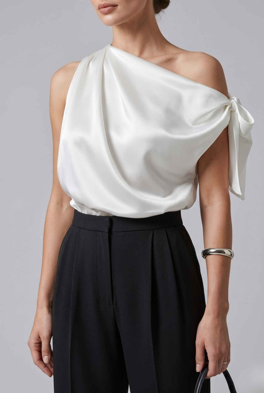 Virtual Model wearing The Seraphina Satin Blouse One-Shoulder Ivory Cowl Blouse
