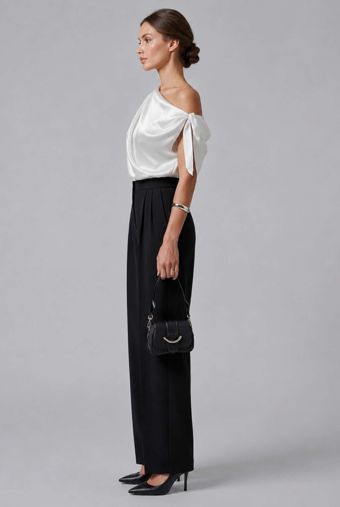 Virtual Model wearing The Seraphina Satin Blouse One-Shoulder Ivory Cowl Blouse