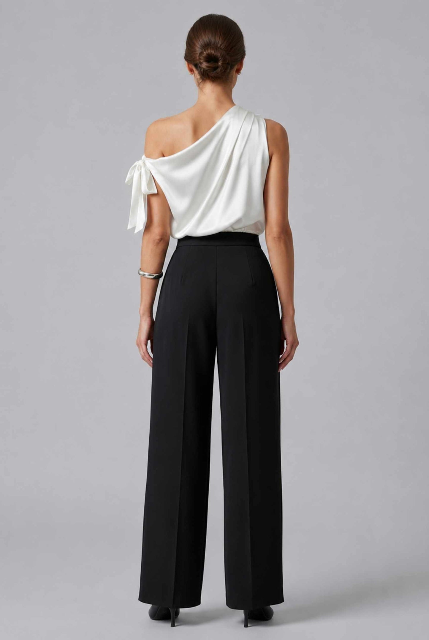 Virtual Model wearing The Seraphina Satin Blouse One-Shoulder Ivory Cowl Blouse