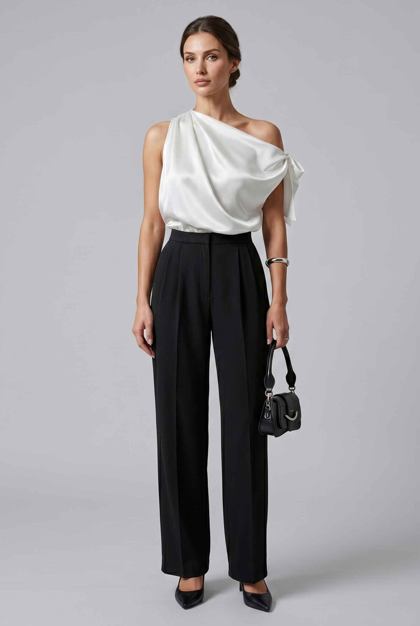 Virtual Model wearing The Seraphina Satin Blouse One-Shoulder Ivory Cowl Blouse