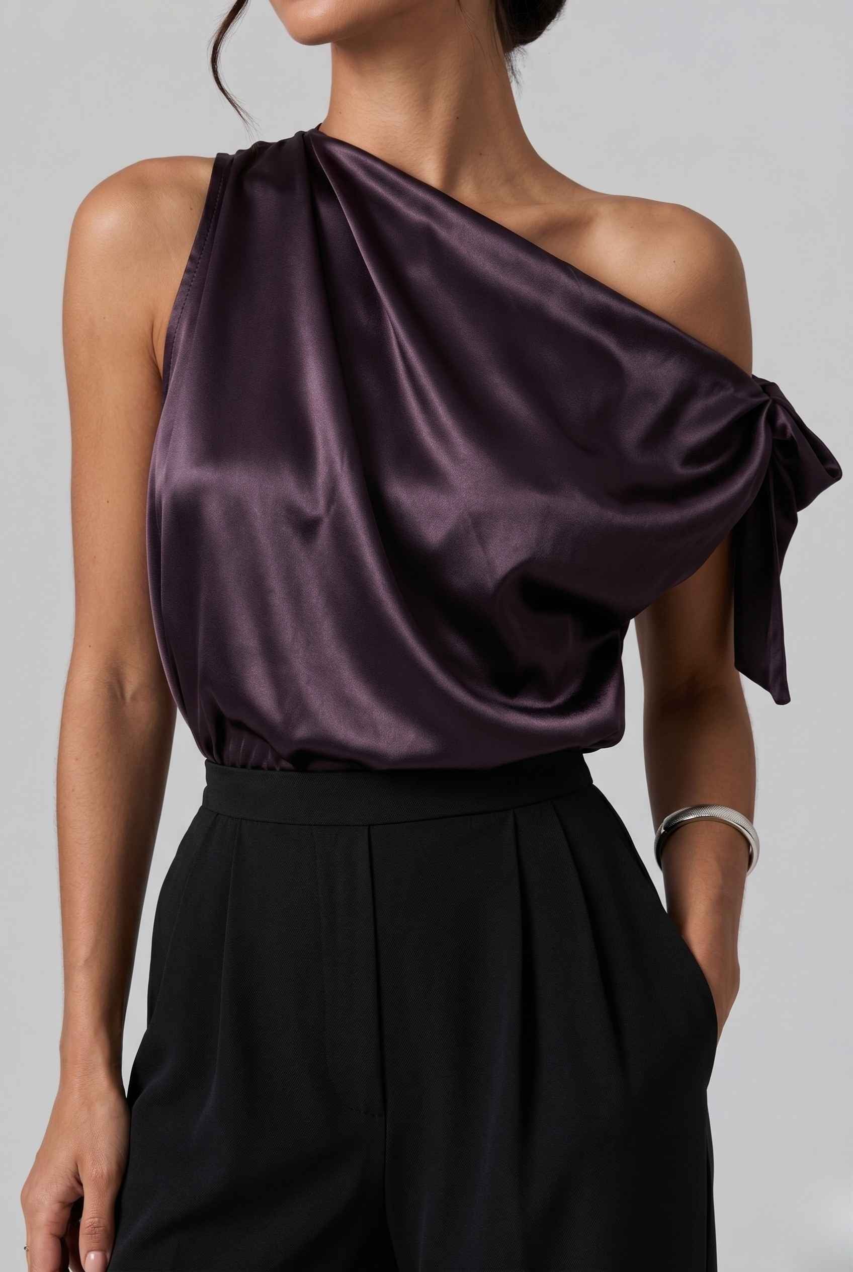 Virtual Model wearing The Seraphina Satin Blouse One-Shoulder Purple Cowl Blouse