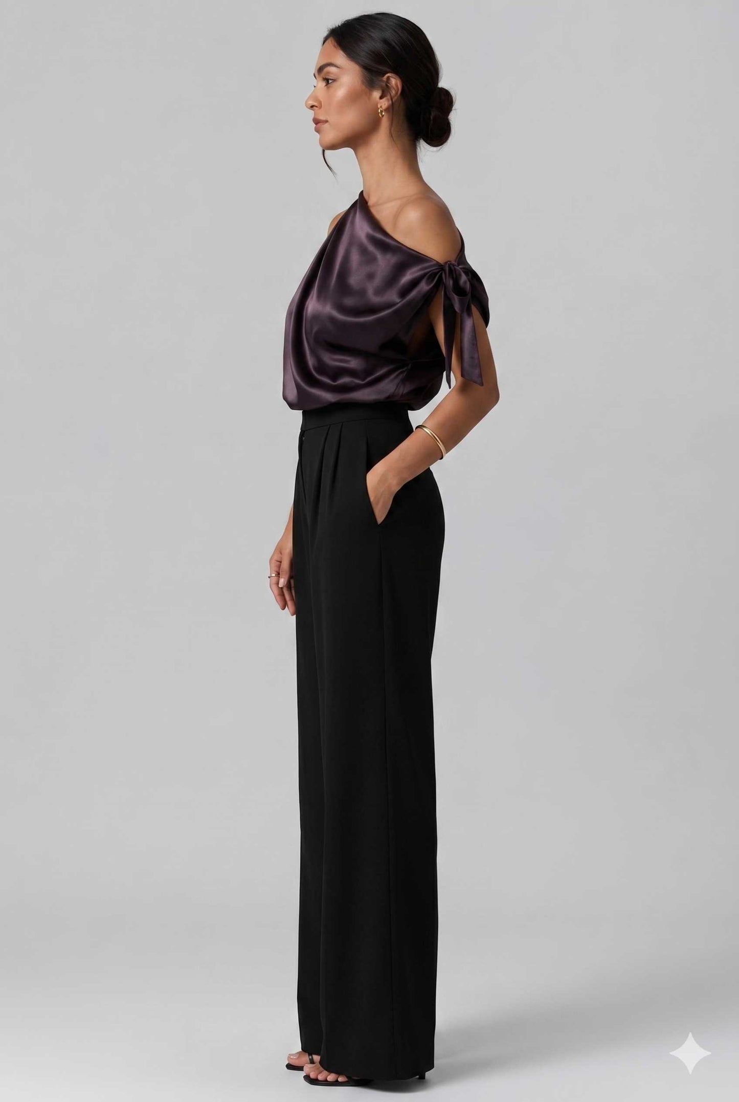 Virtual Model wearing The Seraphina Satin Blouse One-Shoulder Purple Cowl Blouse