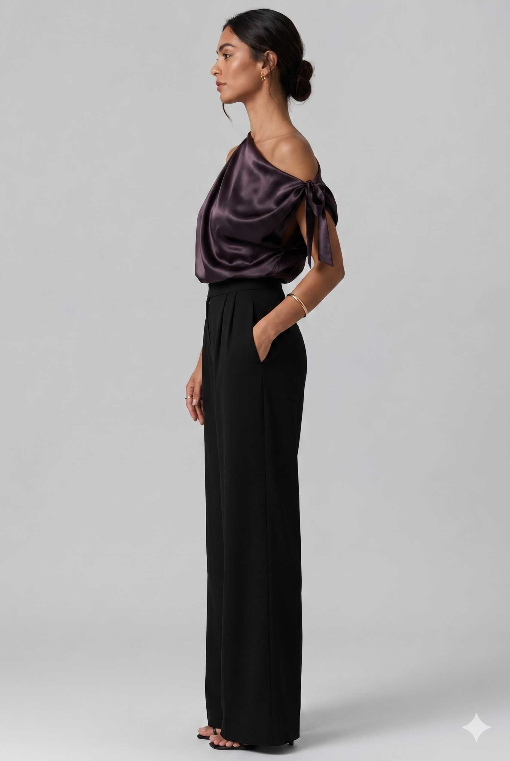 Virtual Model wearing The Seraphina Satin Blouse One-Shoulder Purple Cowl Blouse