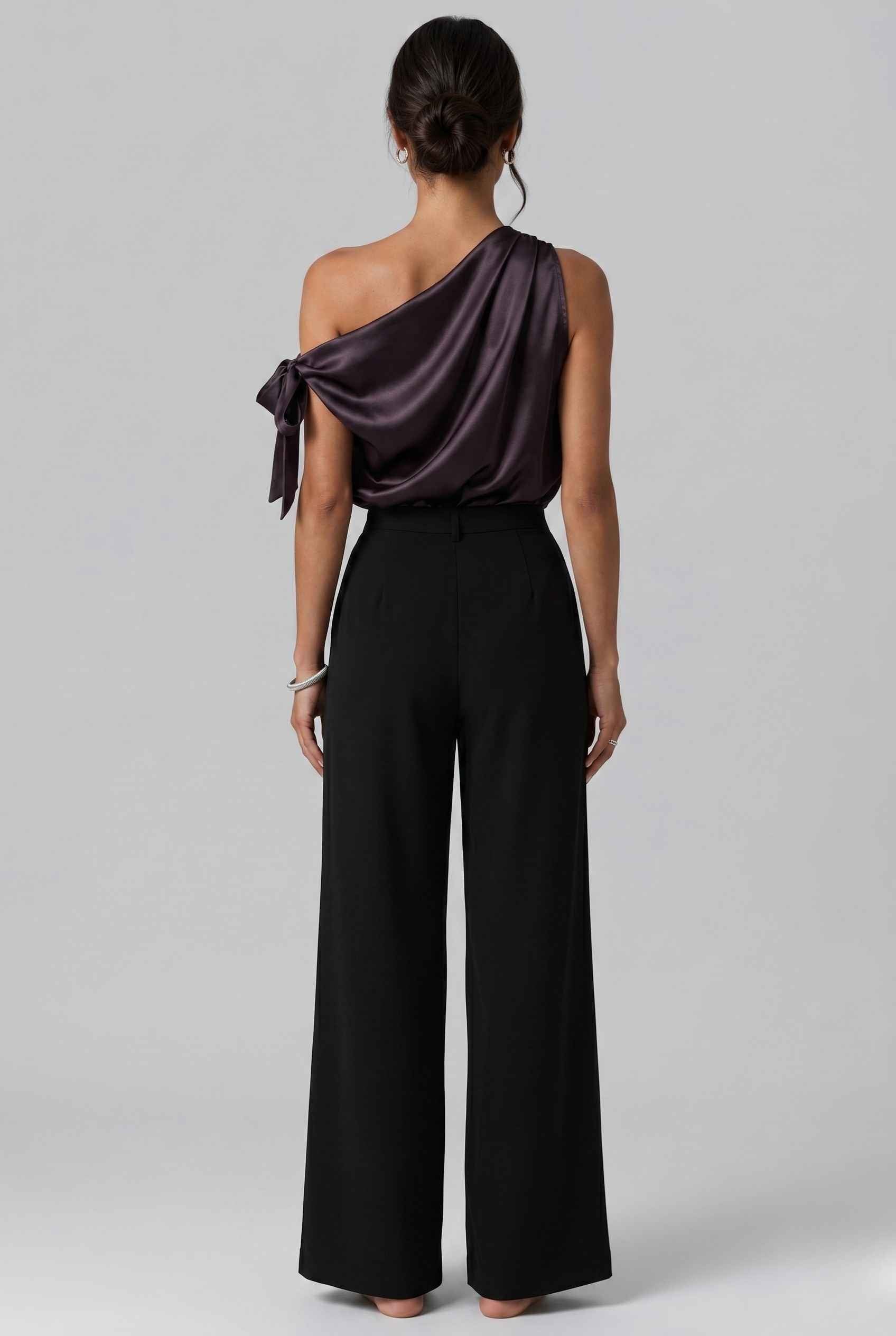 Virtual Model wearing The Seraphina Satin Blouse One-Shoulder Purple Cowl Blouse