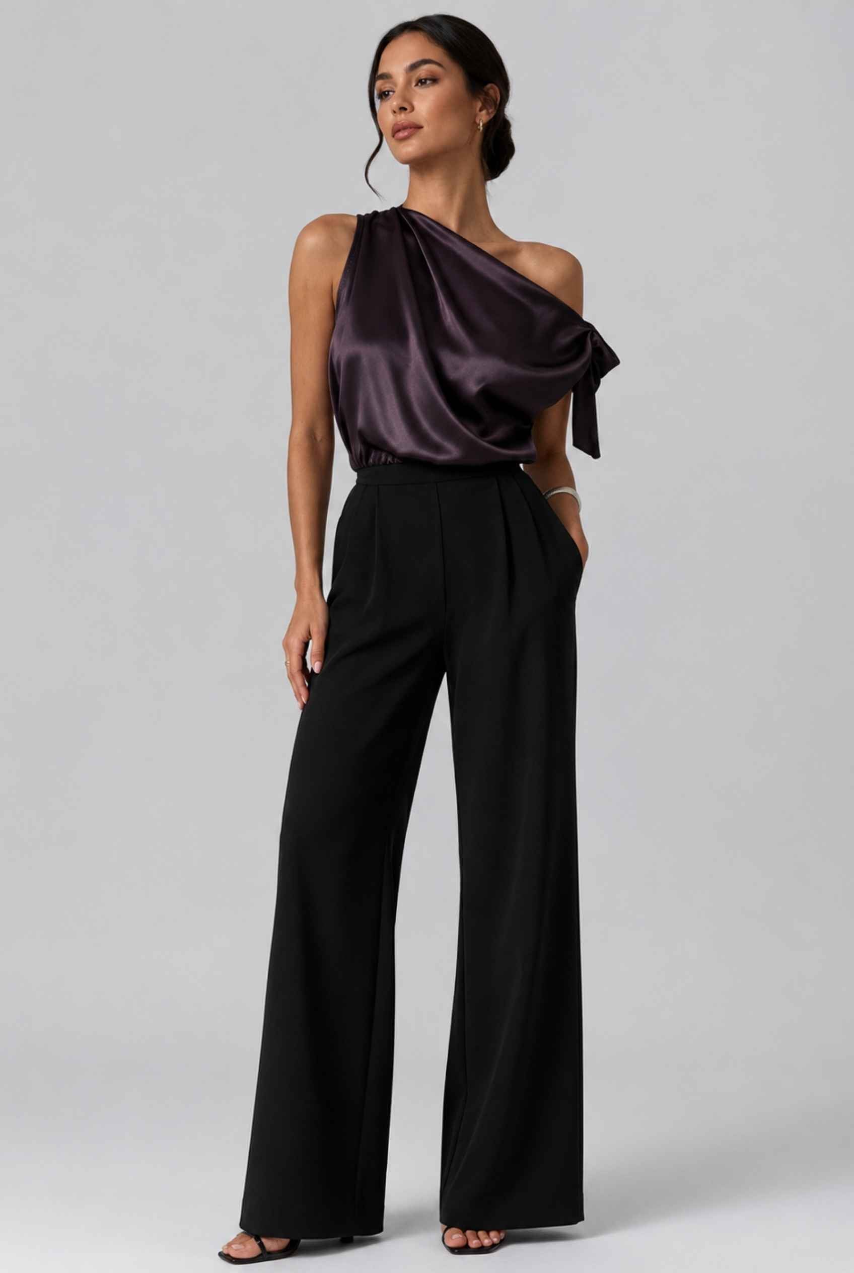 Virtual Model wearing The Seraphina Satin Blouse One-Shoulder Purple Cowl Blouse