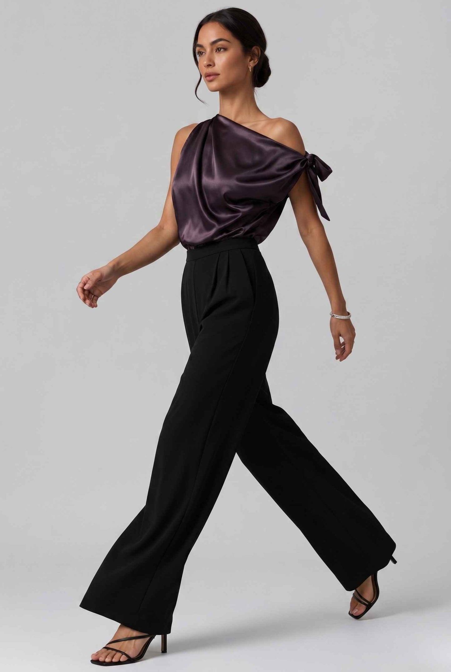 Virtual Model wearing The Seraphina Satin Blouse One-Shoulder Purple Cowl Blouse