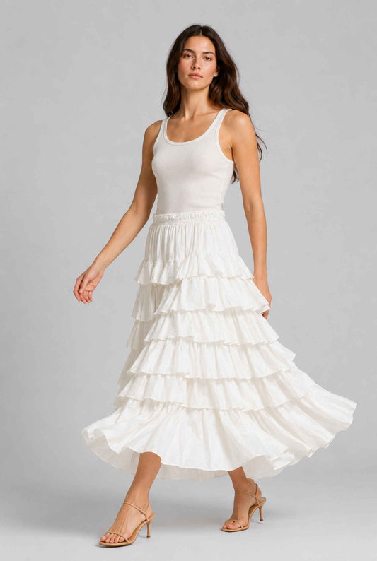 Virtual Model wearing The Seraphina Tiered Skirt Ruffle Beige Flowy Skirt