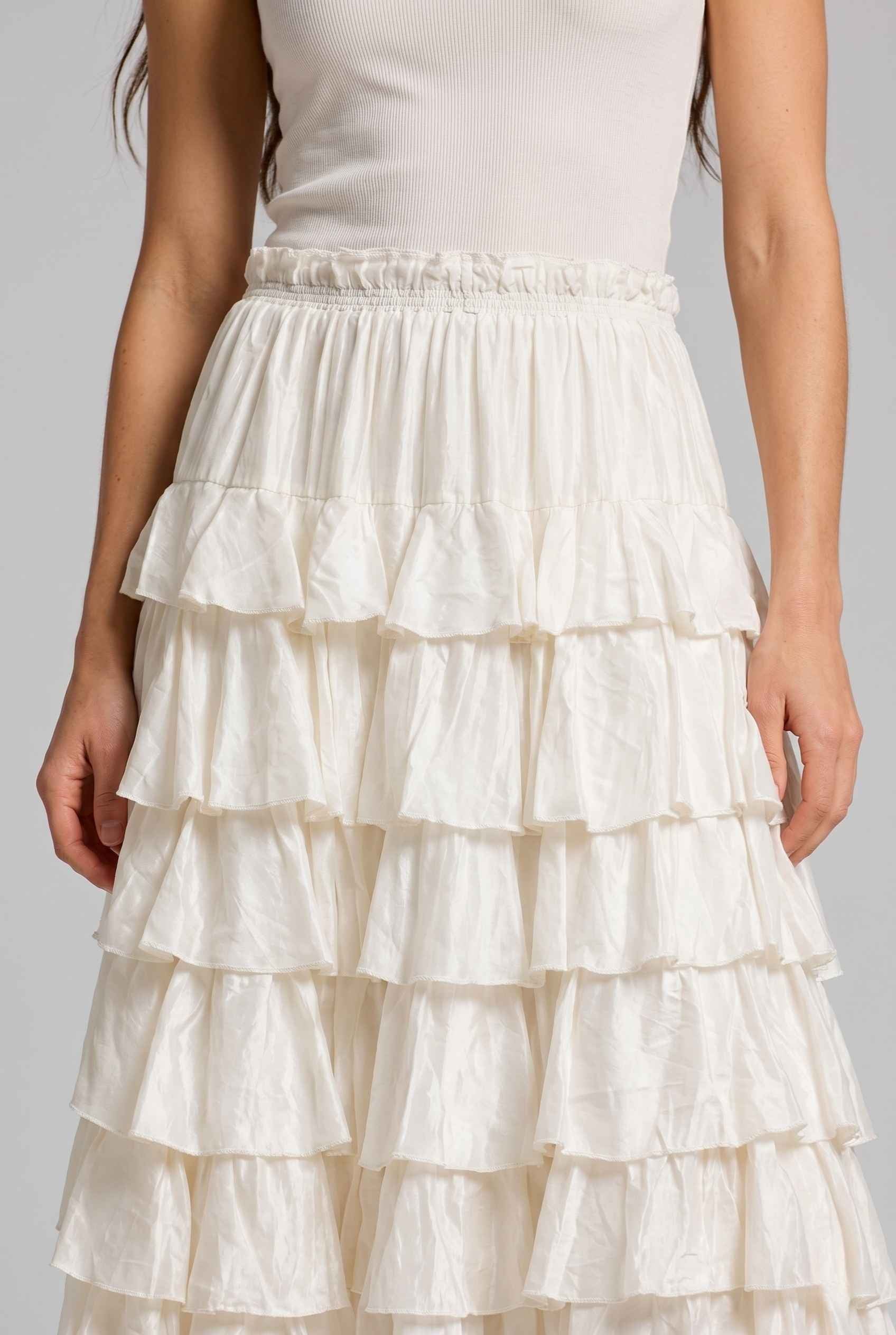 Virtual Model wearing The Seraphina Tiered Skirt Ruffle Beige Flowy Skirt