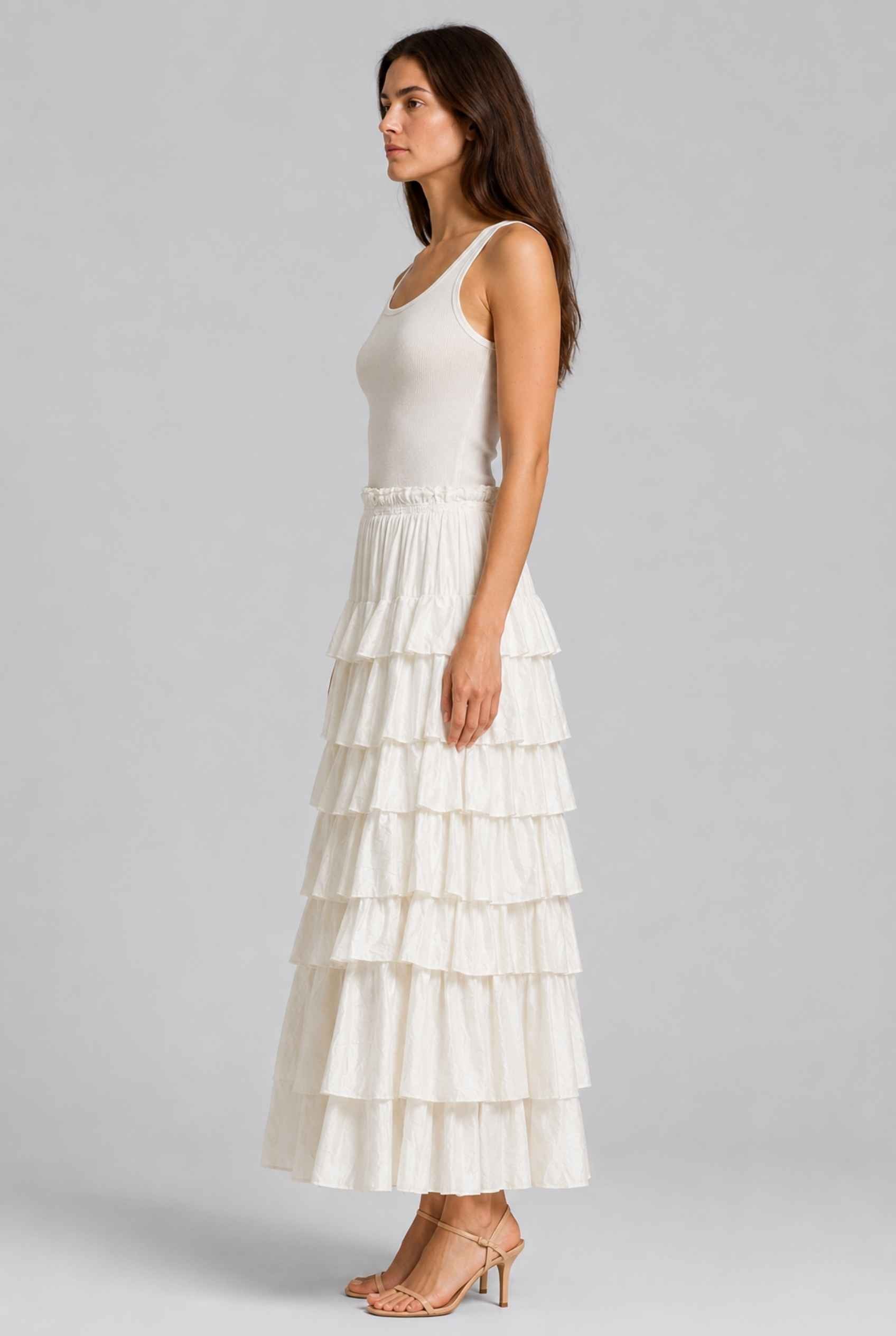 Virtual Model wearing The Seraphina Tiered Skirt Ruffle Beige Flowy Skirt