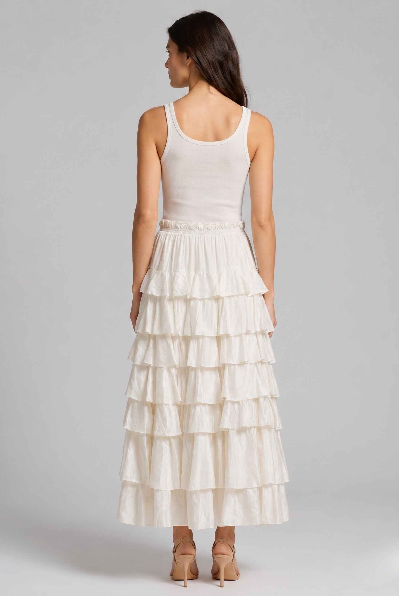 Virtual Model wearing The Seraphina Tiered Skirt Ruffle Beige Flowy Skirt