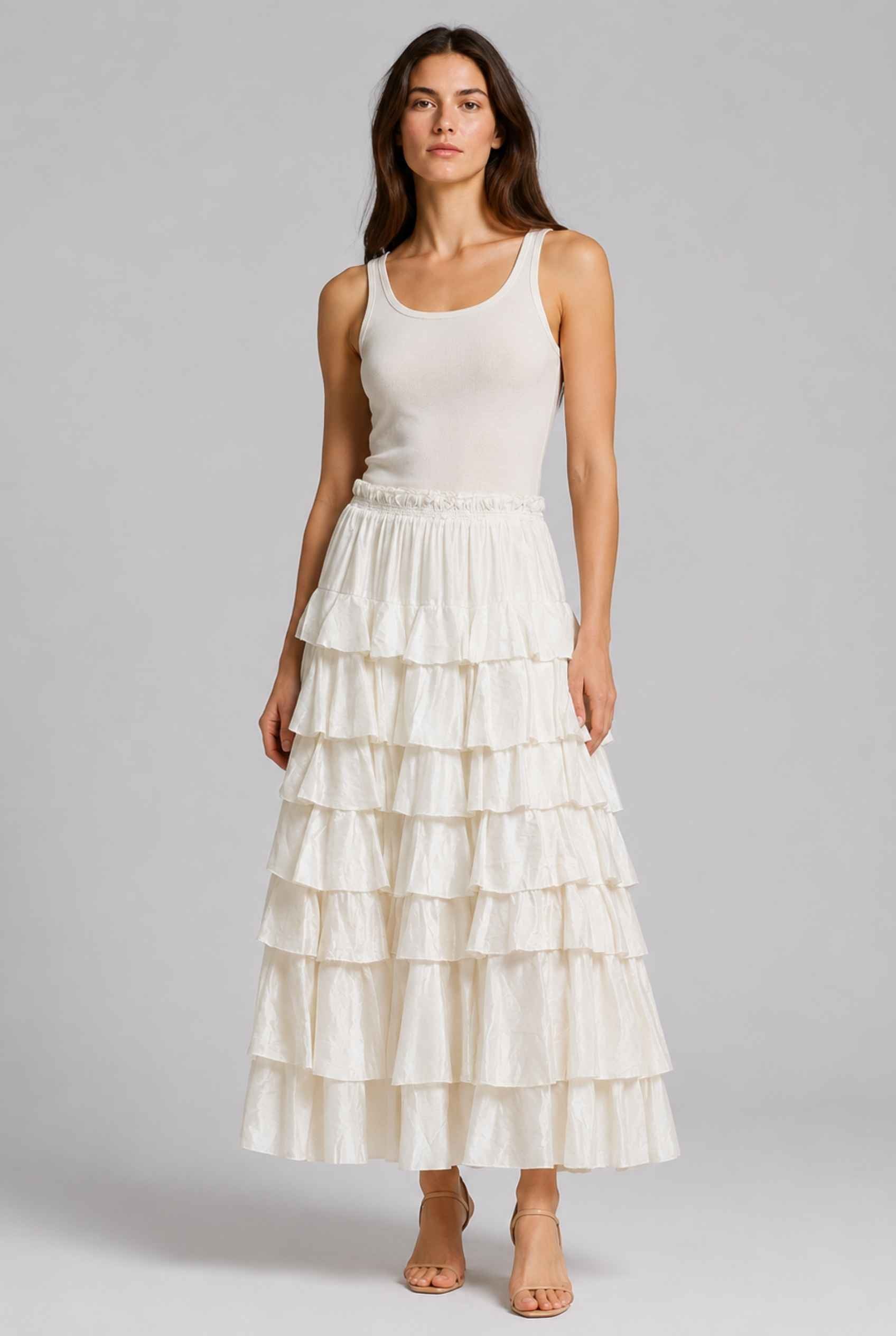 Virtual Model wearing The Seraphina Tiered Skirt Ruffle Beige Flowy Skirt