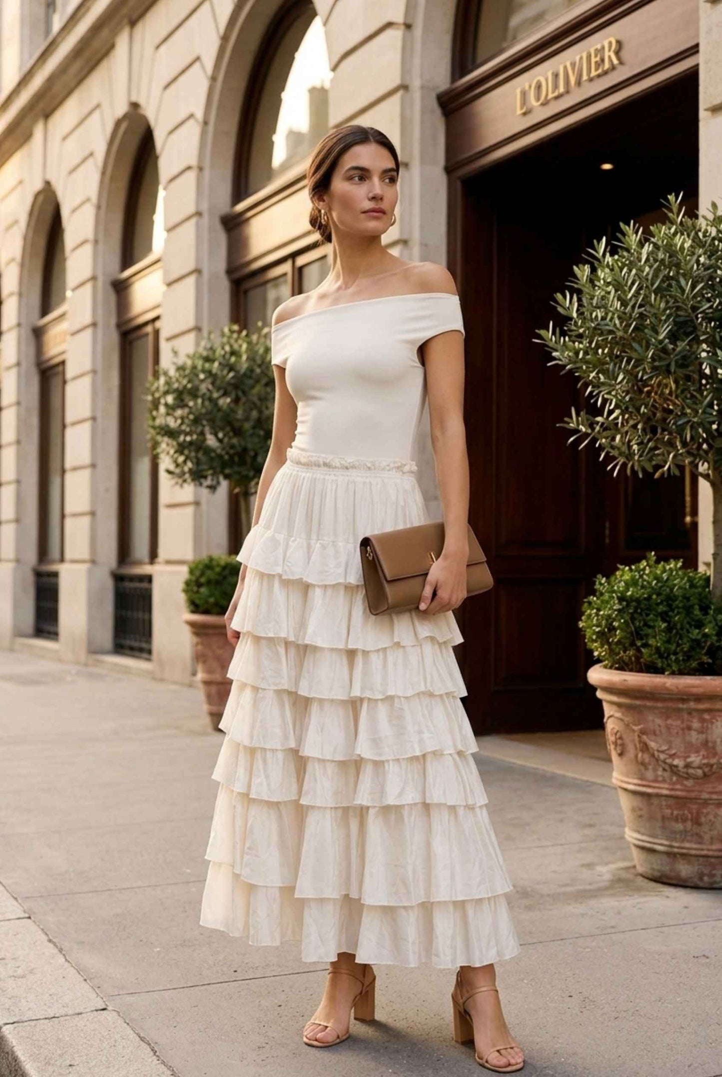 Virtual Model wearing The Seraphina Tiered Skirt Ruffle Beige Flowy Skirt