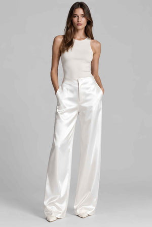 Virtual model wearing The Séraphine Satin Pant High-Waisted Satin Wide-Leg Pants in Ivory