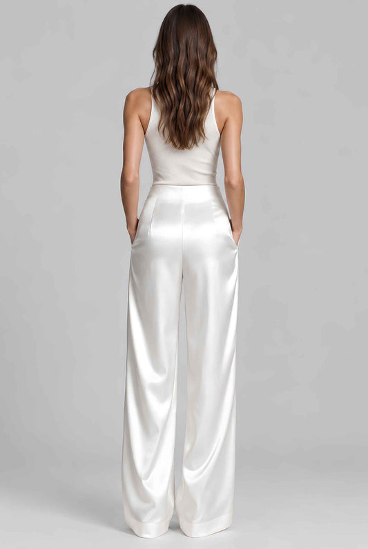 Virtual model wearing The Séraphine Satin Pant High-Waisted Satin Wide-Leg Pants in Ivory