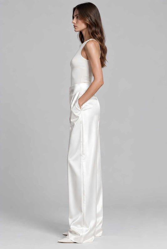 Virtual model wearing The Séraphine Satin Pant High-Waisted Satin Wide-Leg Pants in Ivory
