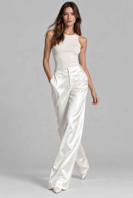 Virtual model wearing The Séraphine Satin Pant High-Waisted Satin Wide-Leg Pants in Ivory