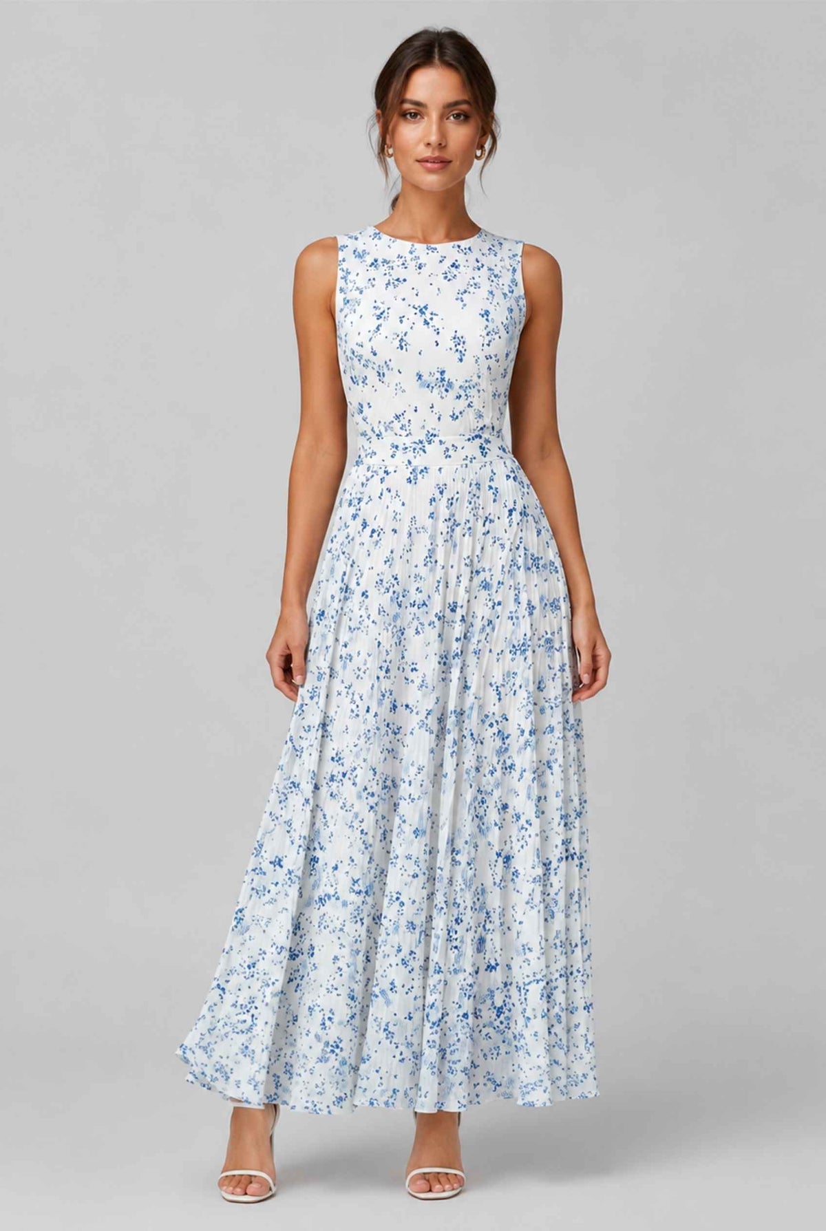 Virtual model wearing The Serena Pleated Floral Maxi Blue Floral Pleated Maxi Dress