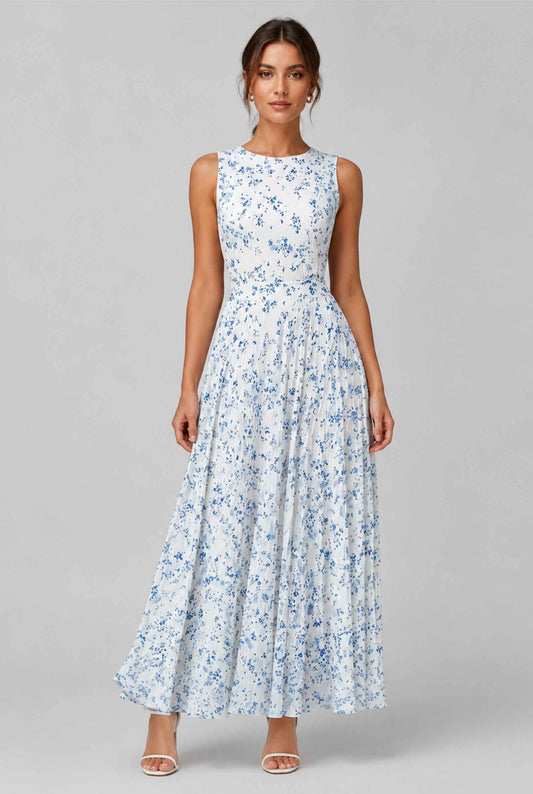 Virtual model wearing The Serena Pleated Floral Maxi Blue Floral Pleated Maxi Dress