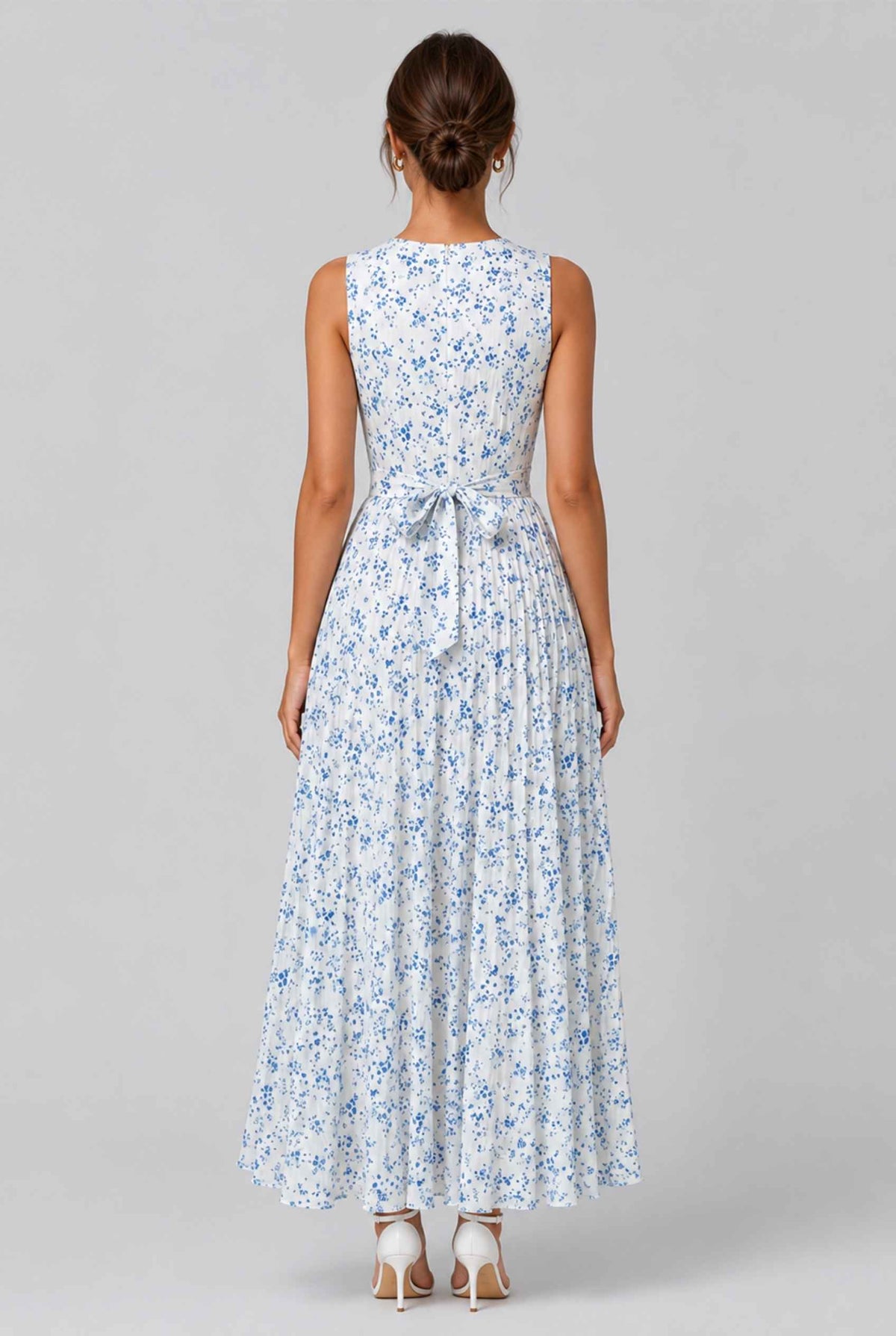 Virtual model wearing The Serena Pleated Floral Maxi Blue Floral Pleated Maxi Dress