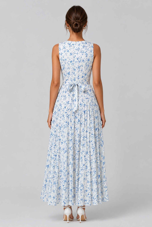 Virtual Model wearing The Serena Pleated Floral Maxi Blue & White Floral Pleated Maxi Dress