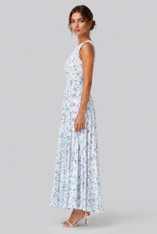 Virtual model wearing The Serena Pleated Floral Maxi Blue Floral Pleated Maxi Dress