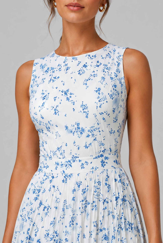 Virtual Model wearing The Serena Pleated Floral Maxi Blue & White Floral Pleated Maxi Dress